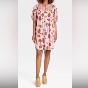 [L] Knox Rose Pink Floral Striped Short Sleeve Boho Peasant Shift Dress
